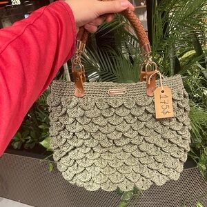 Scallop Crochet Tote Bag in Sage Green with Braided Tan Handles